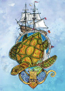 Sea Turtle with Sailing Ship